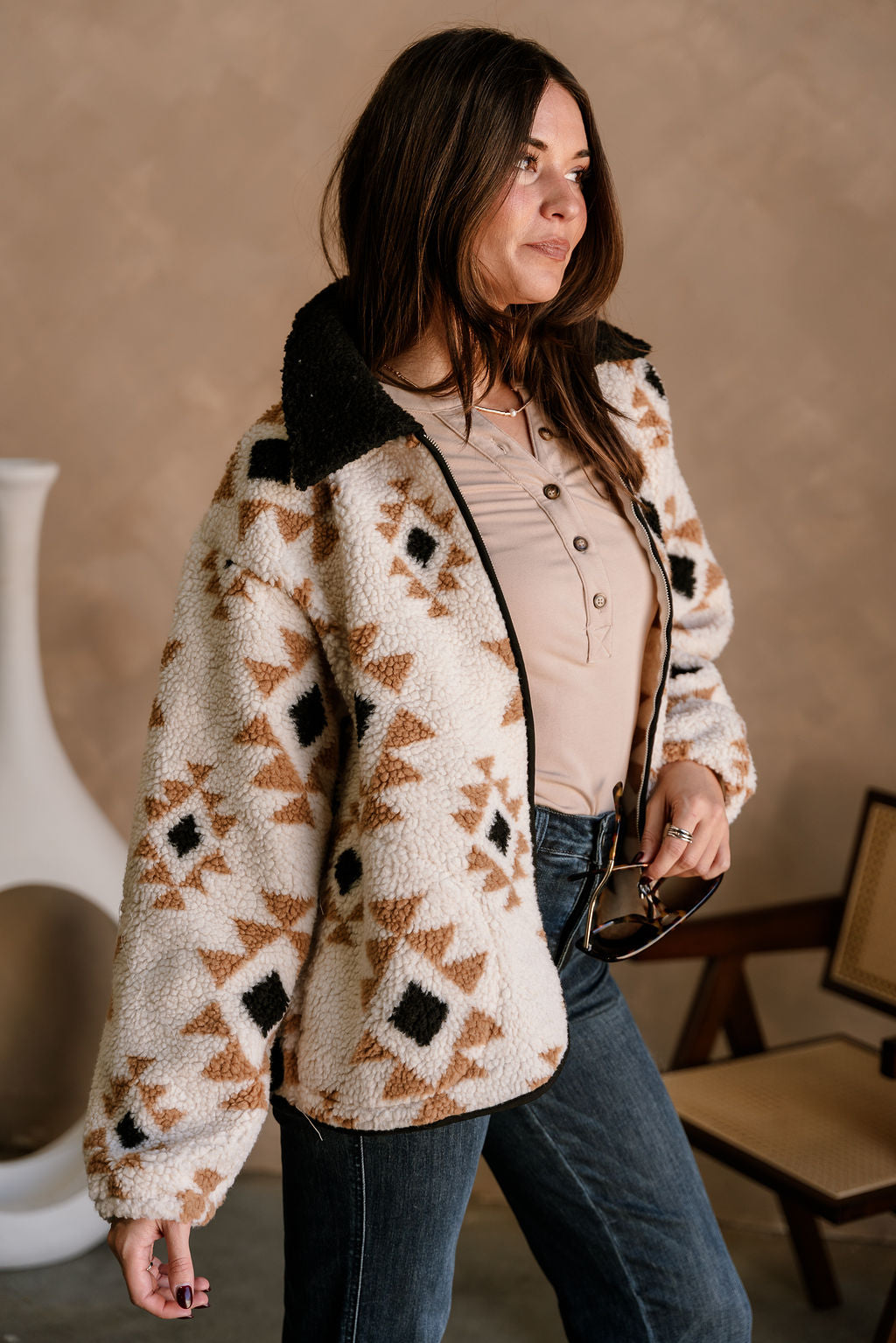 Journee Taupe Multi Sherpa Jacket- frontal side view