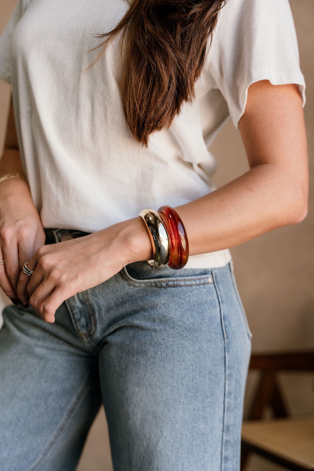 Kimberly Brown & Gold Bangle Set - shown on model's wrist