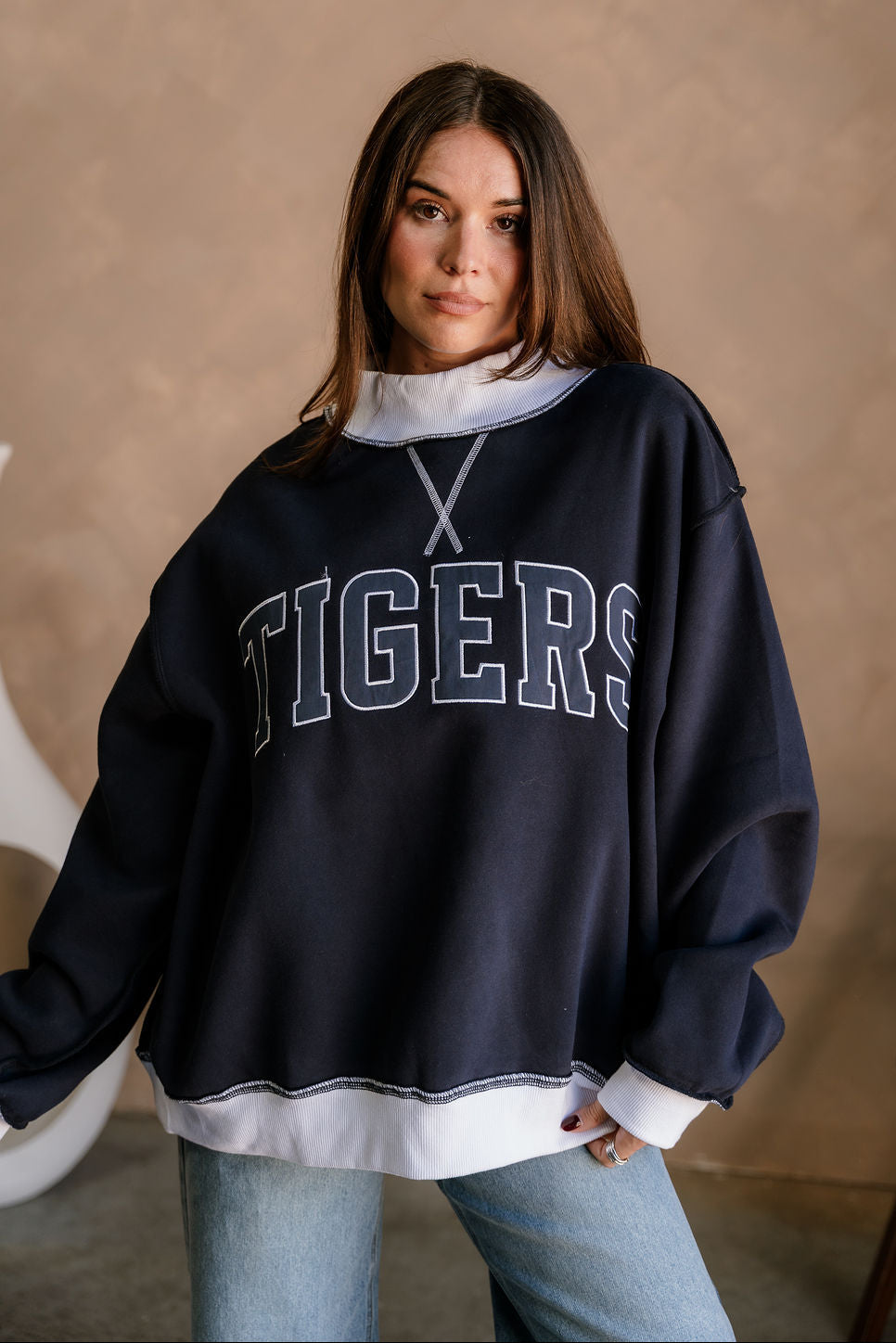 Tigers Navy Blue & White Mock Neck Sweatshirt- close up top view
