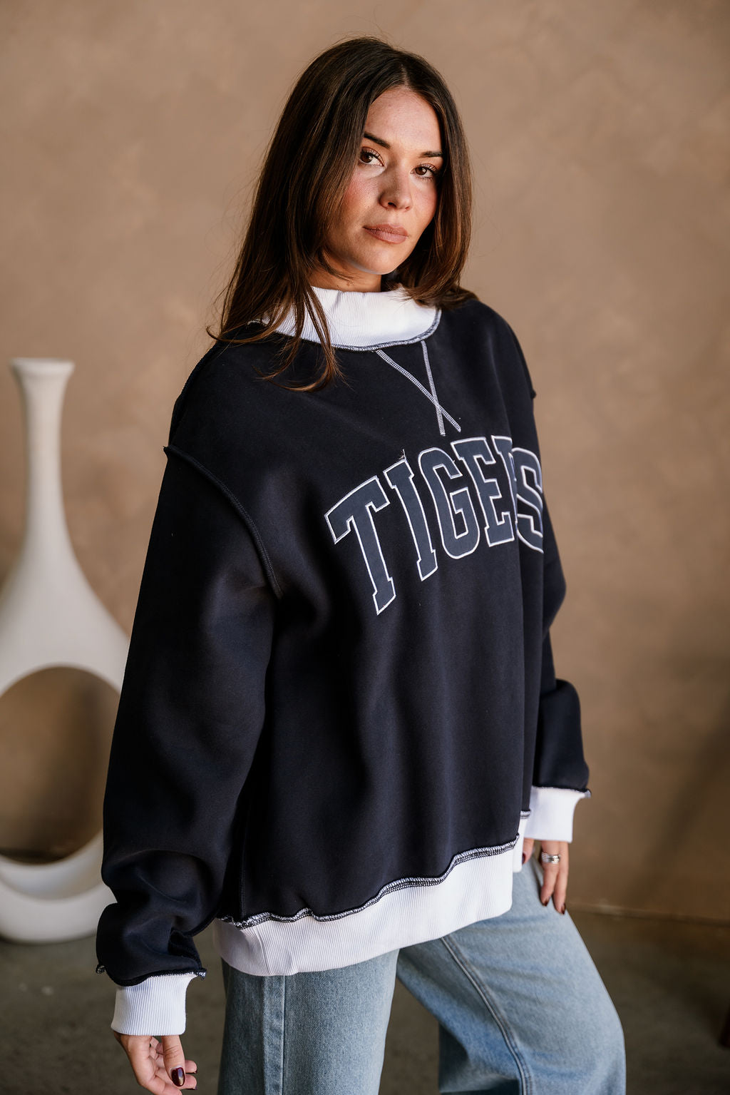 Tigers Navy Blue & White Mock Neck Sweatshirt- frontal side view