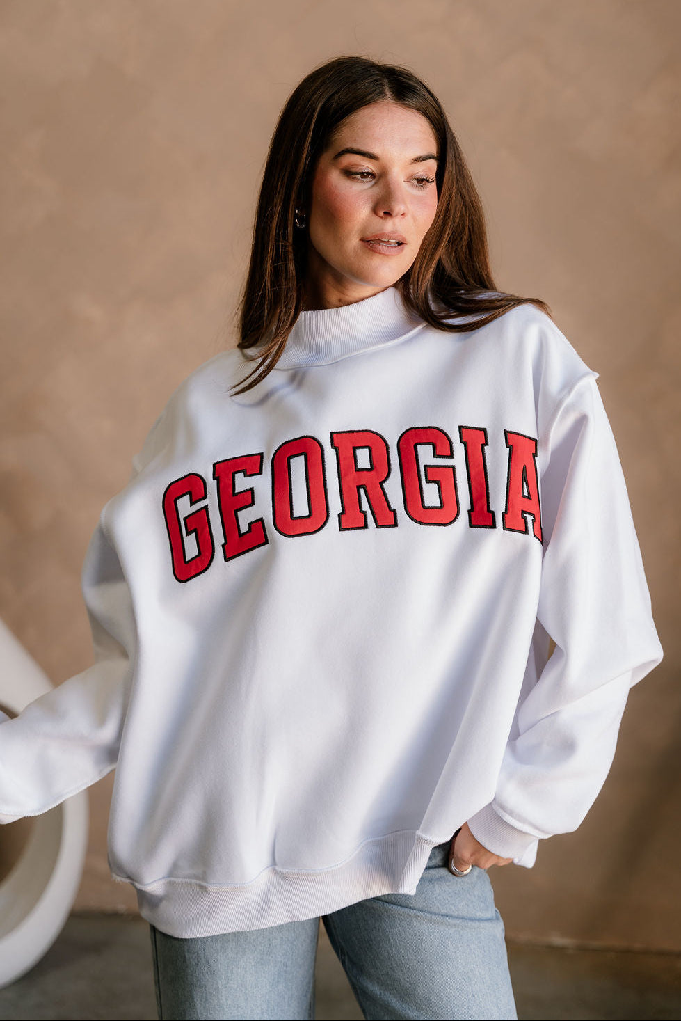 Georgia Red & White Mock Neck Sweatshirt- close up top view