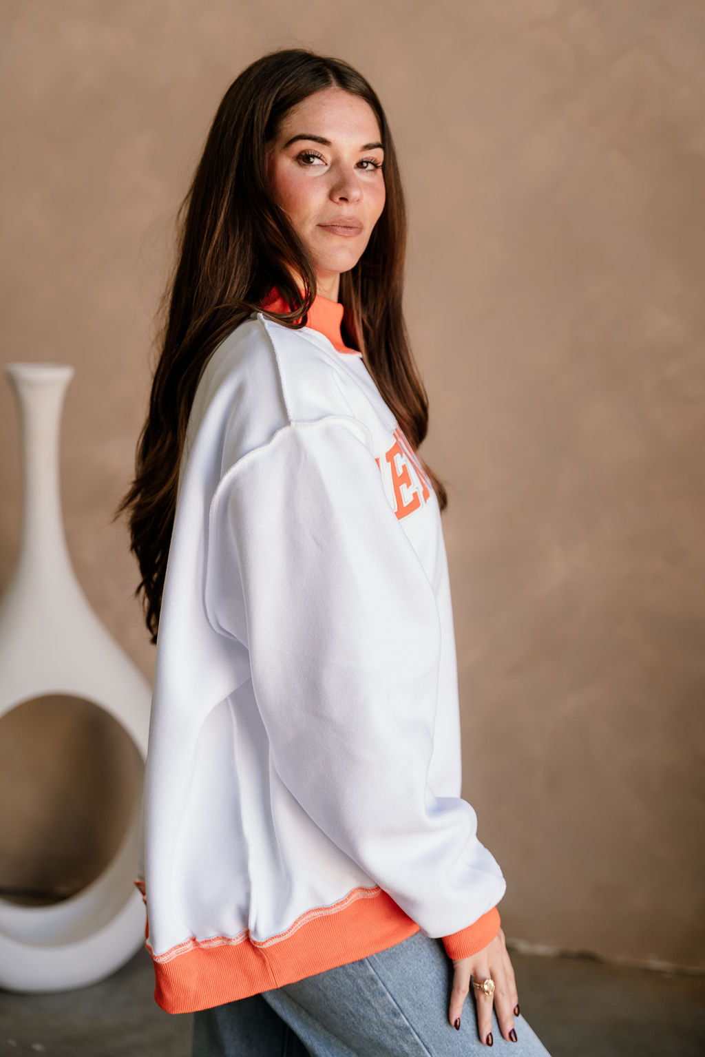 Tennessee Orange & White Mock Neck Sweatshirt- close up side view