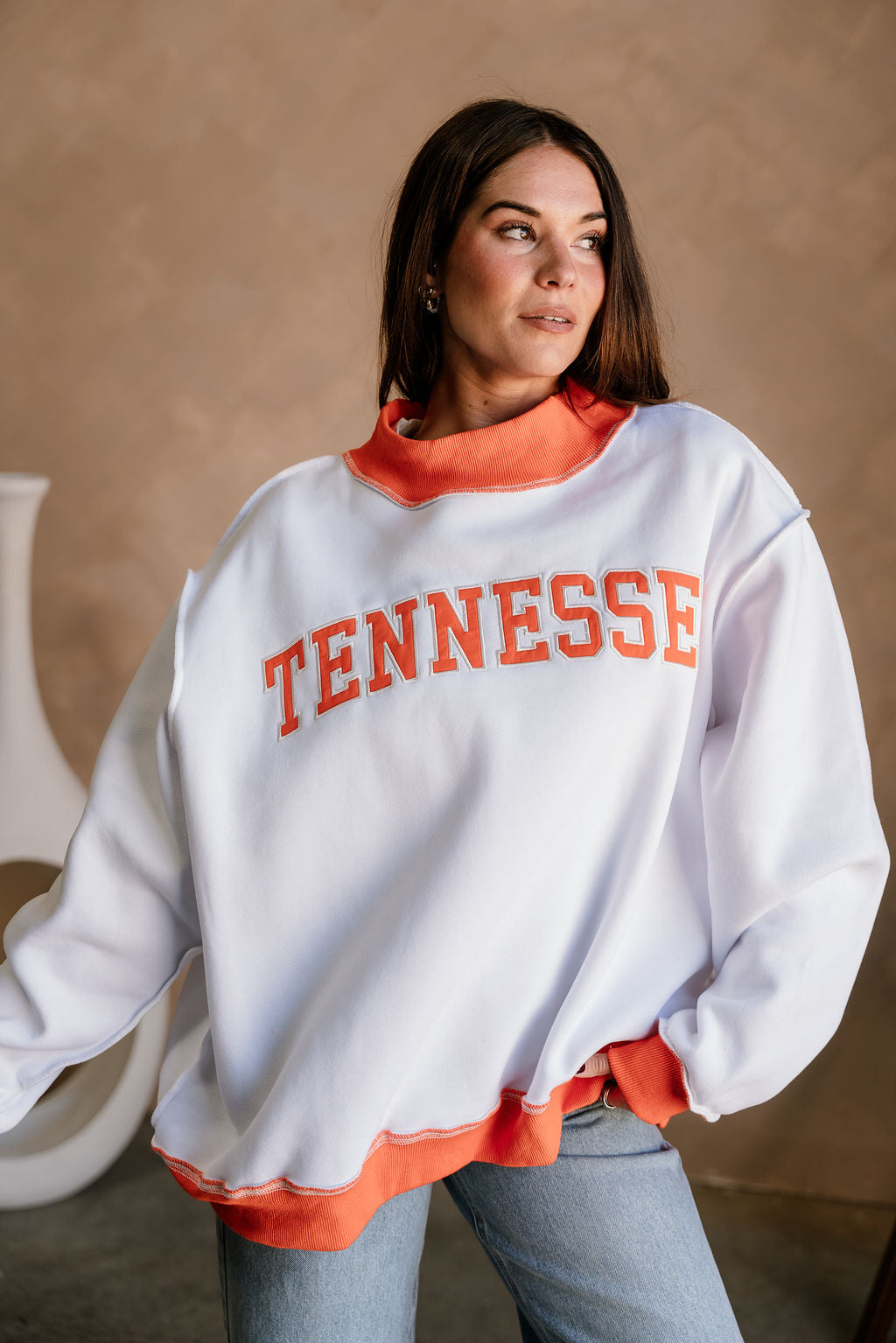 Tennessee Orange & White Mock Neck Sweatshirt- frontal top view