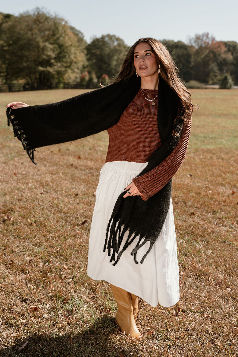 Marlowe Black Fringe Scarf - full body front view unwrapped