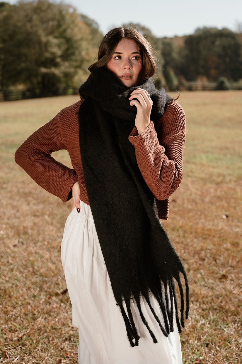Marlowe Black Fringe Scarf - front view wrapped
