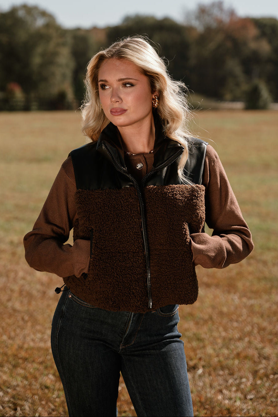 Layla Brown Shearling & Black Faux Leather Vest- front view