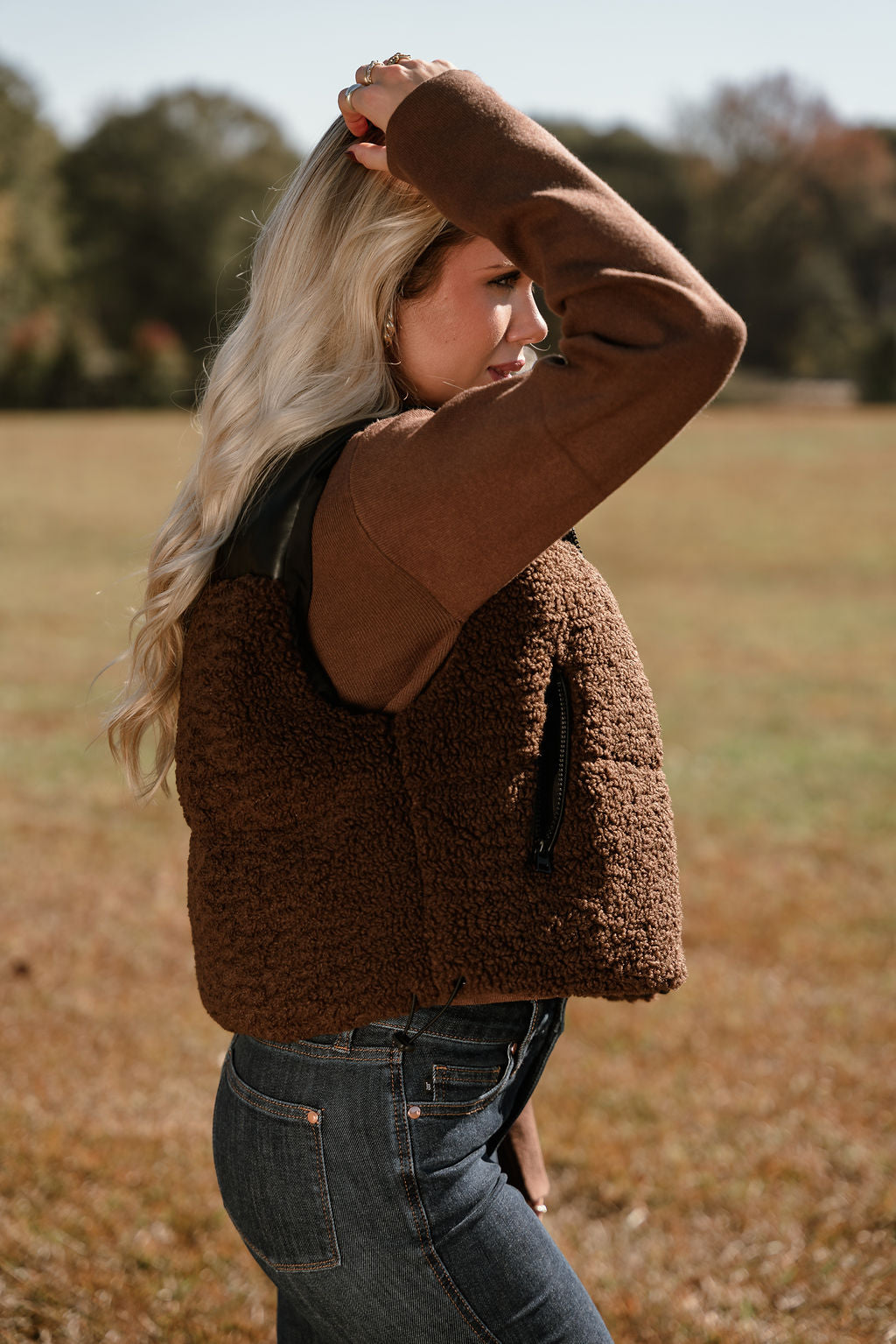 Layla Brown Shearling & Black Faux Leather Vest- side view