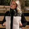 Layla Cream Shearling & Black Faux Leather Vest- frontal side close up view