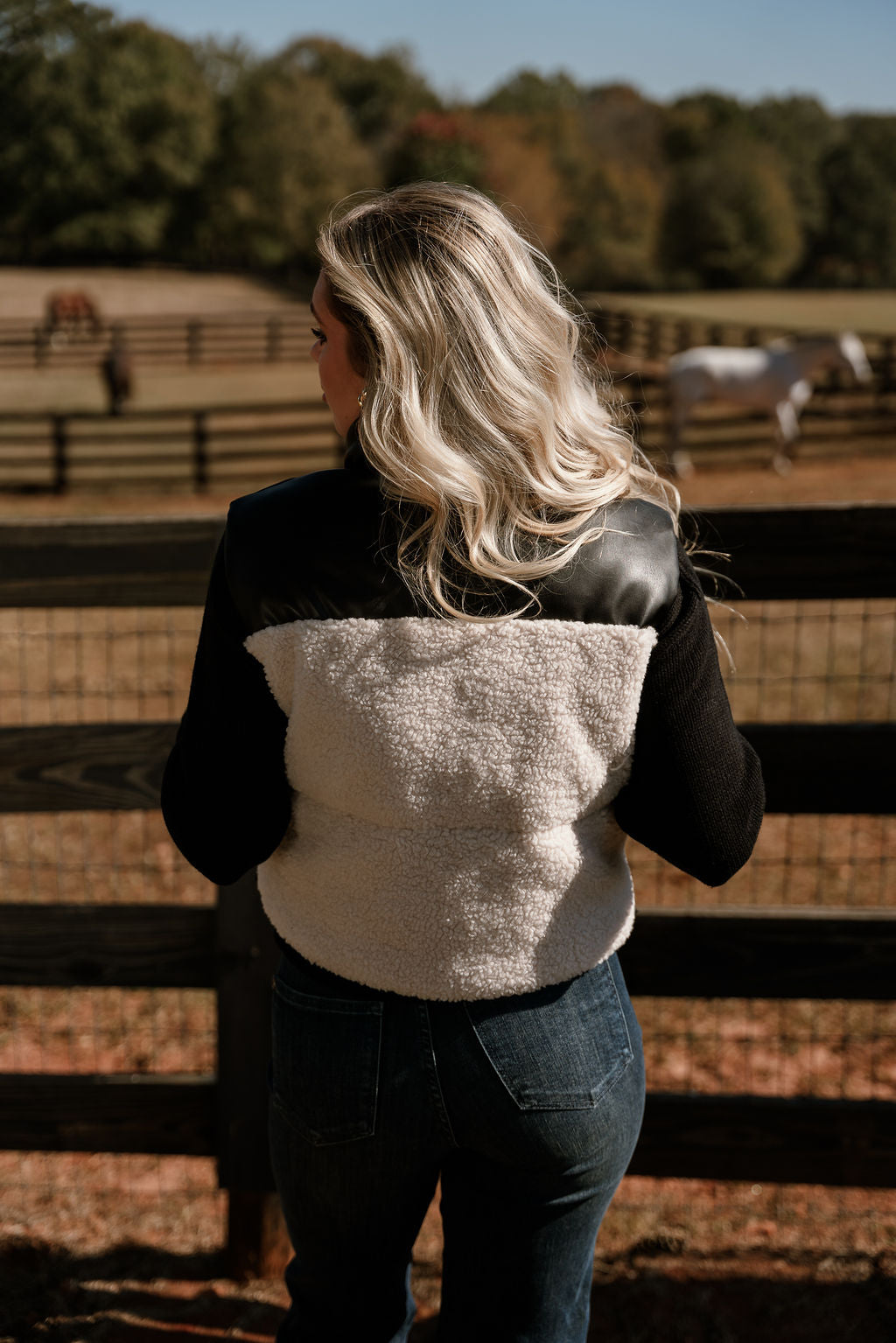 Layla Cream Shearling & Black Faux Leather Vest- full back view