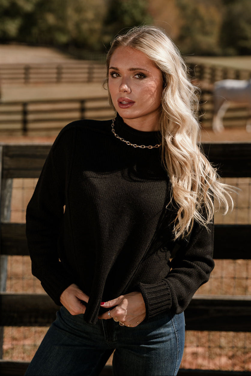 Selah Black Cable Knit Sweater- frontal side view