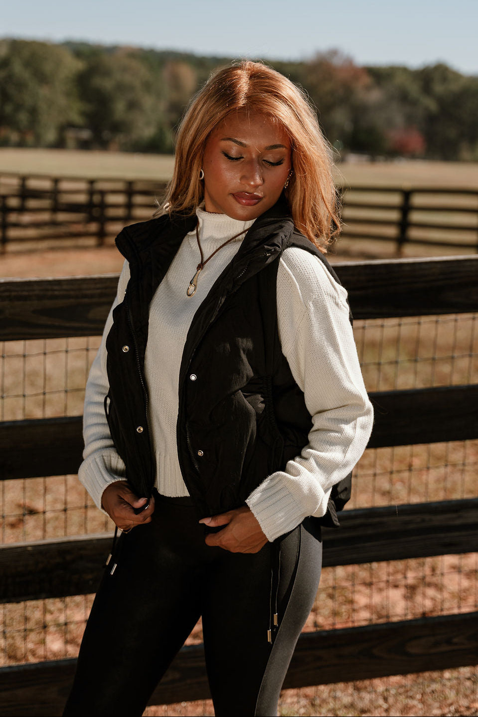 Vera Black Puffer Zip-Up Vest- frontal side view