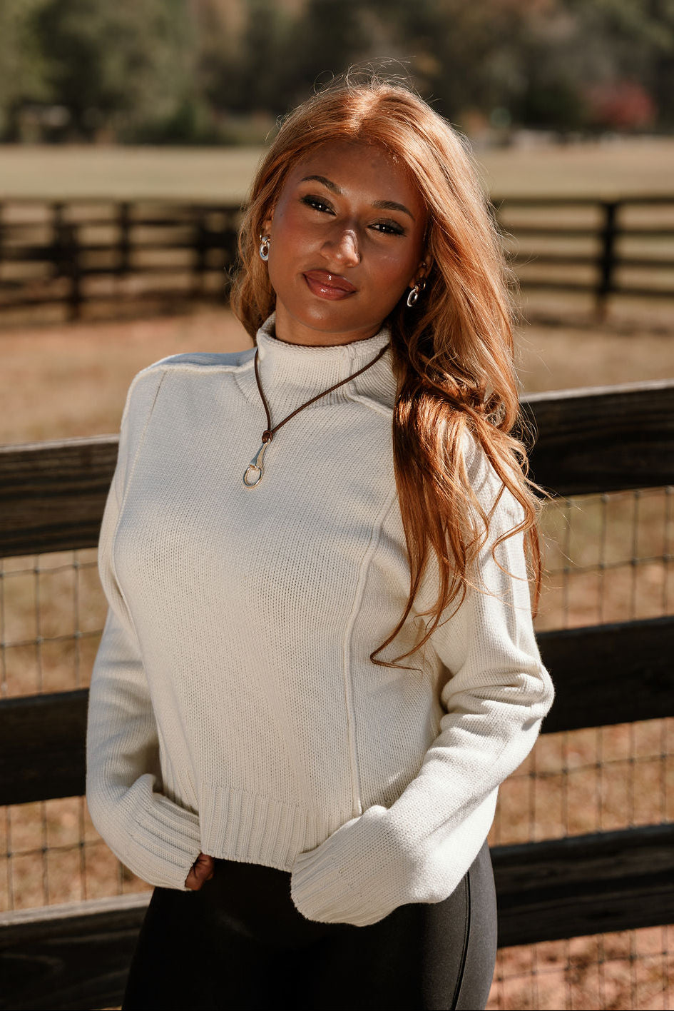 Selah Cream Cable Knit Sweater- frontal side view