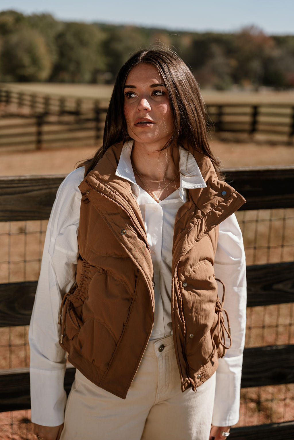 Vera Brown Puffer Zip-Up Vest- close up top view