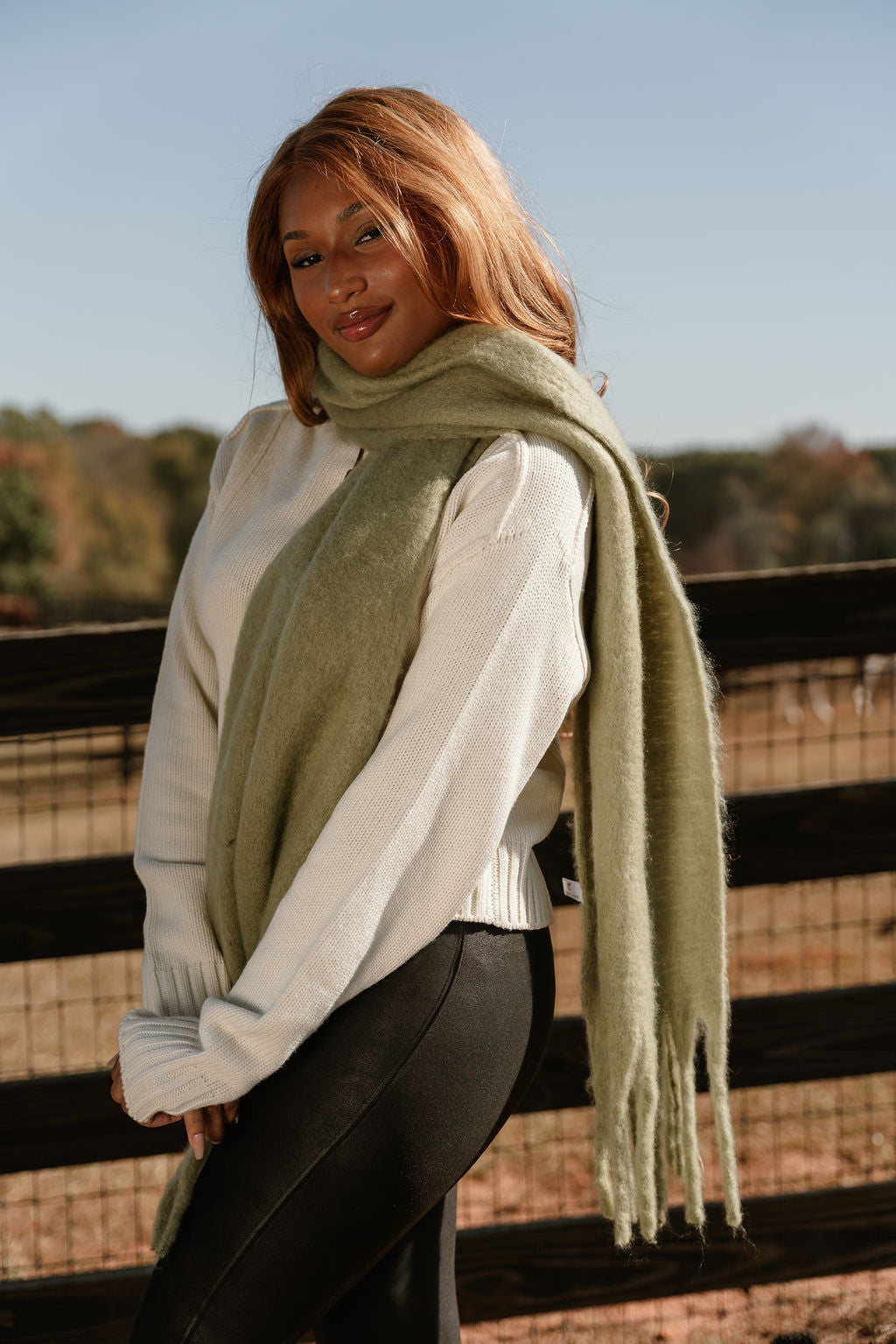 Marlowe Sage Green Fringe Scarf - close side view rapped