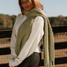 Marlowe Sage Green Fringe Scarf - close side view rapped