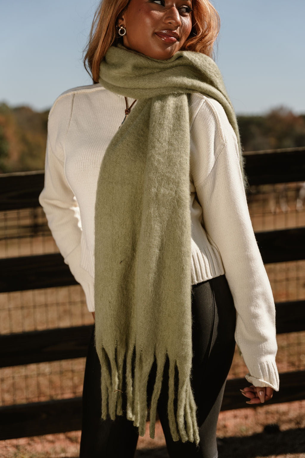 Marlowe Sage Green Fringe Scarf - close up