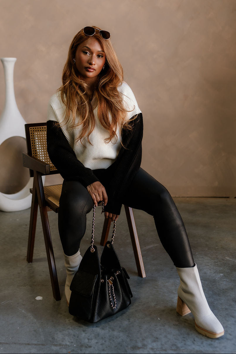 Kamila Cream Multi Color Block Sweater - full body sitting view