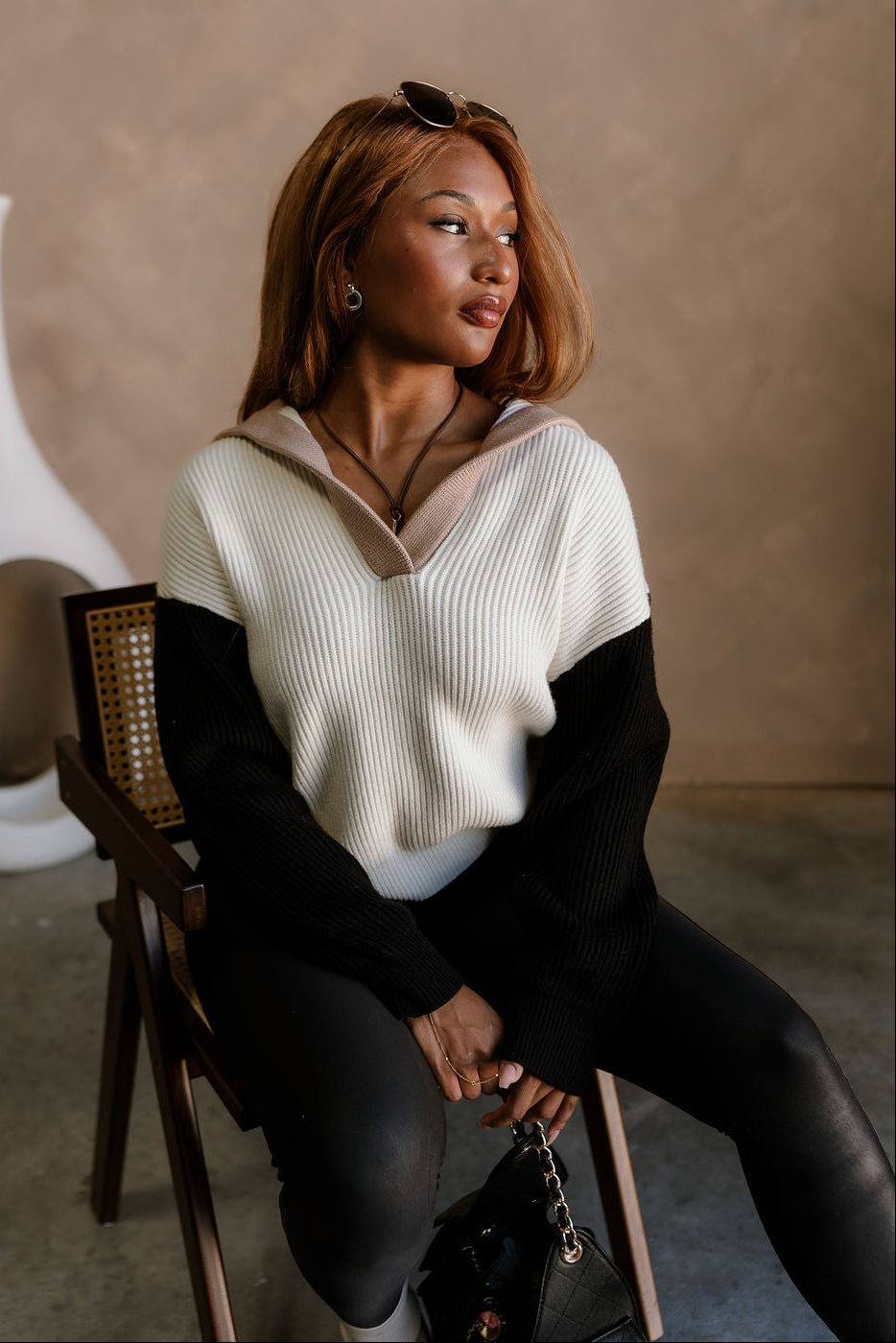 Kamila Cream Multi Color Block Sweater - front sitting view