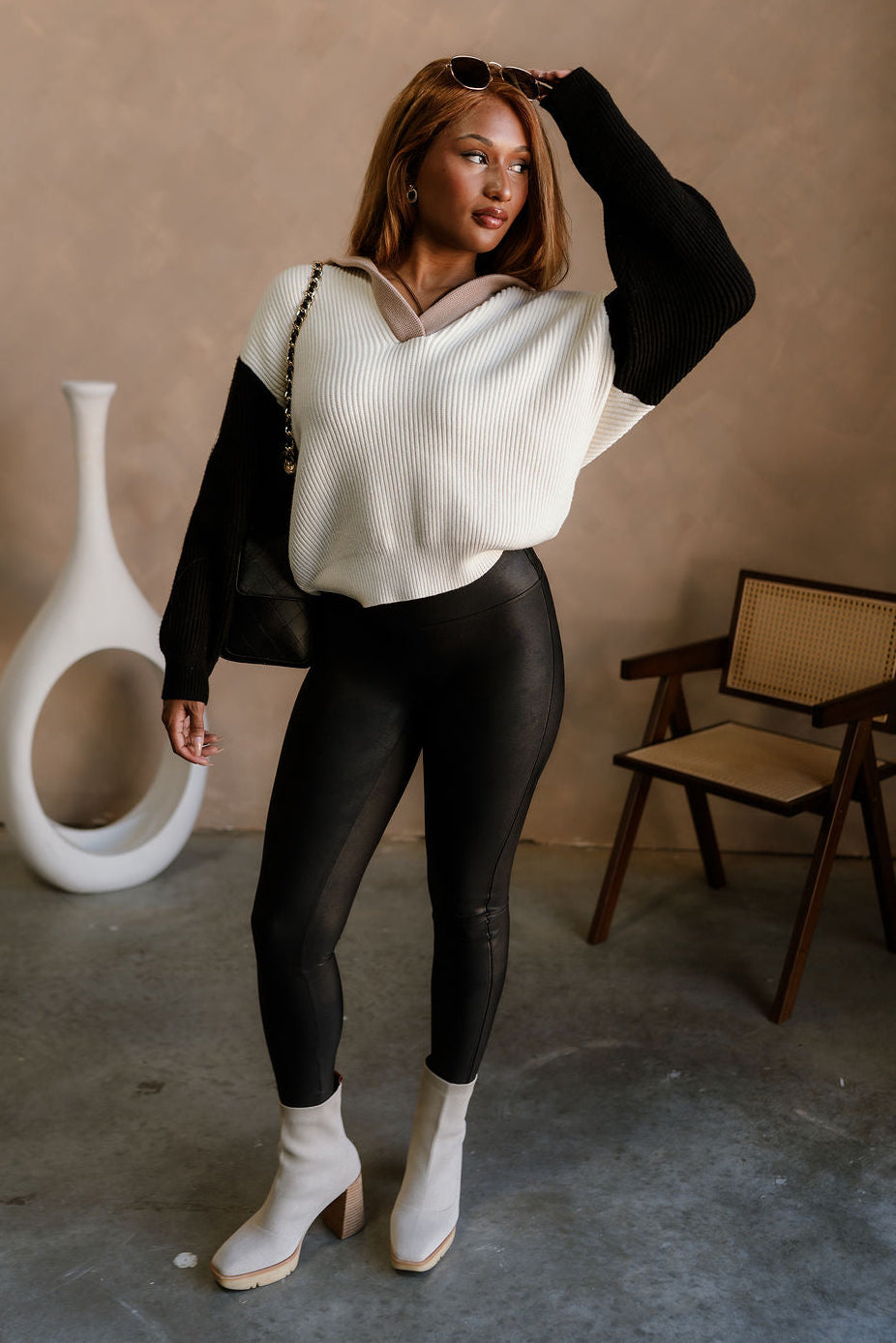 Kamila Cream Multi Color Block Sweater - full body front view