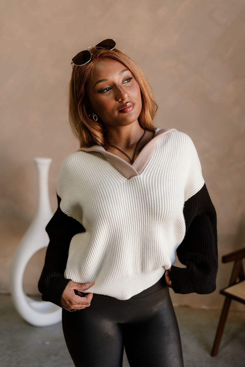 Kamila Cream Multi Color Block Sweater - front