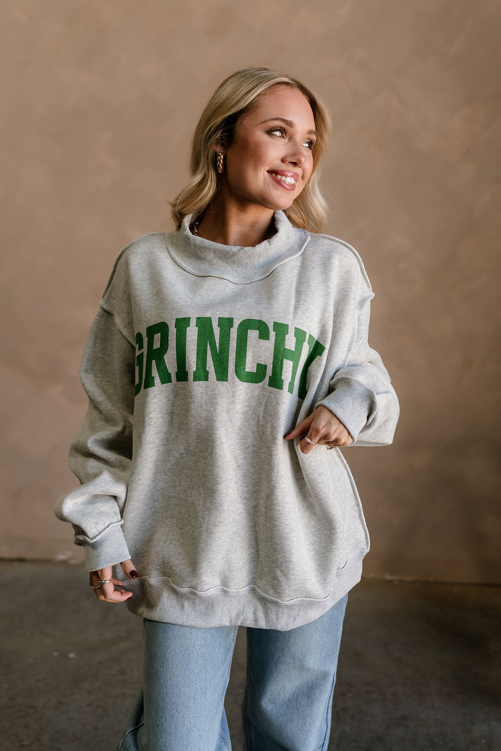 Merry/Grinchy Reversible Mock Neck Sweatshirt - front view (grinchy side)