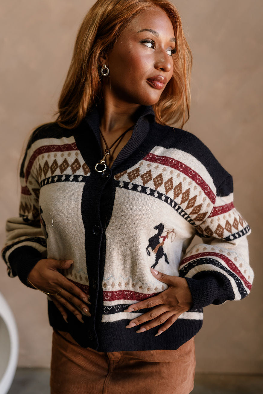 Leandra Cream Multi Horse Motif Cardigan - front