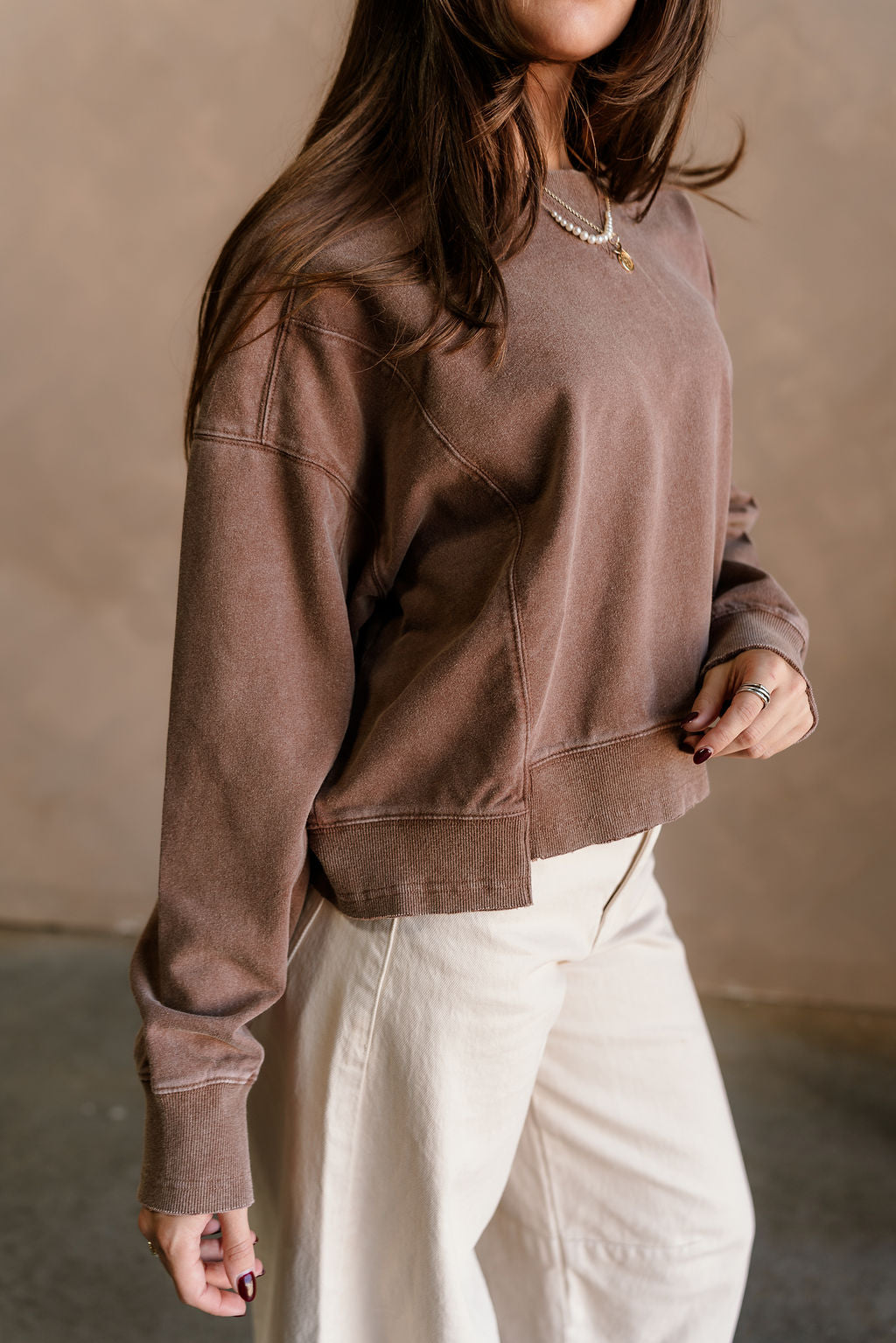 Harper Washed Brown Long Sleeve Sweatshirt - frontal side view