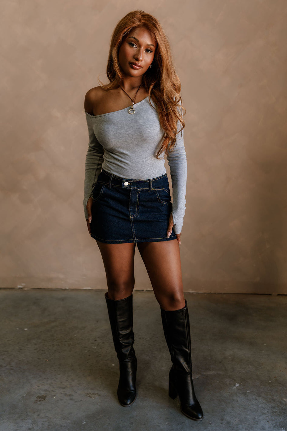 Colbie Dark Wash Denim Mini Skirt - full body front view