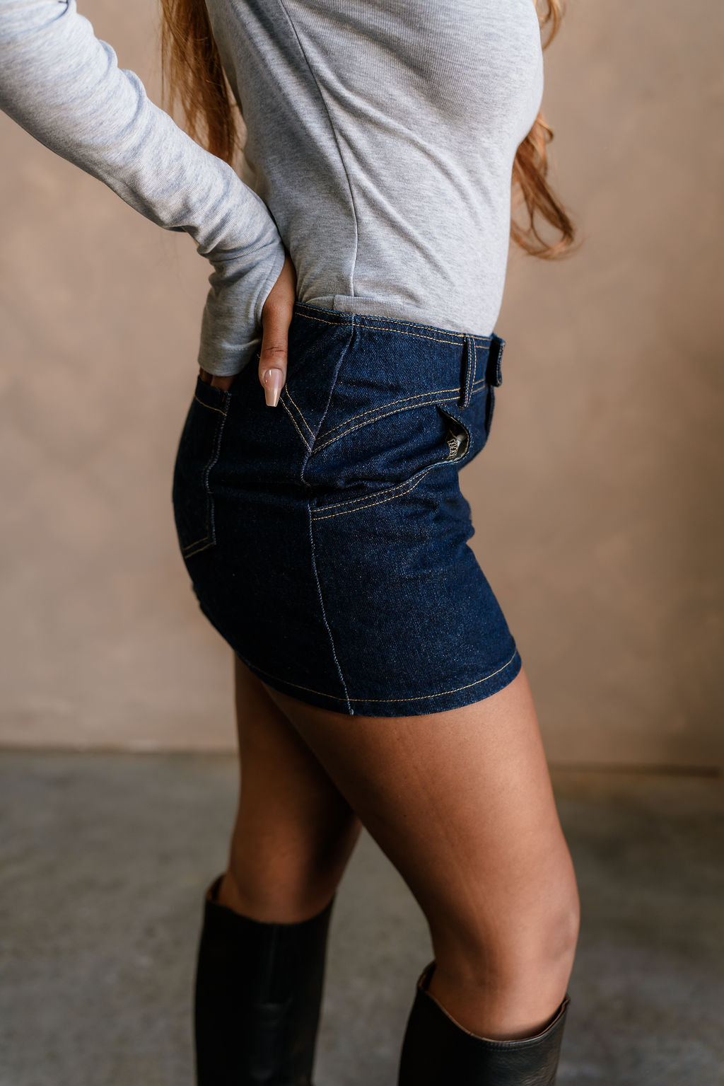 Colbie Dark Wash Denim Mini Skirt - side view