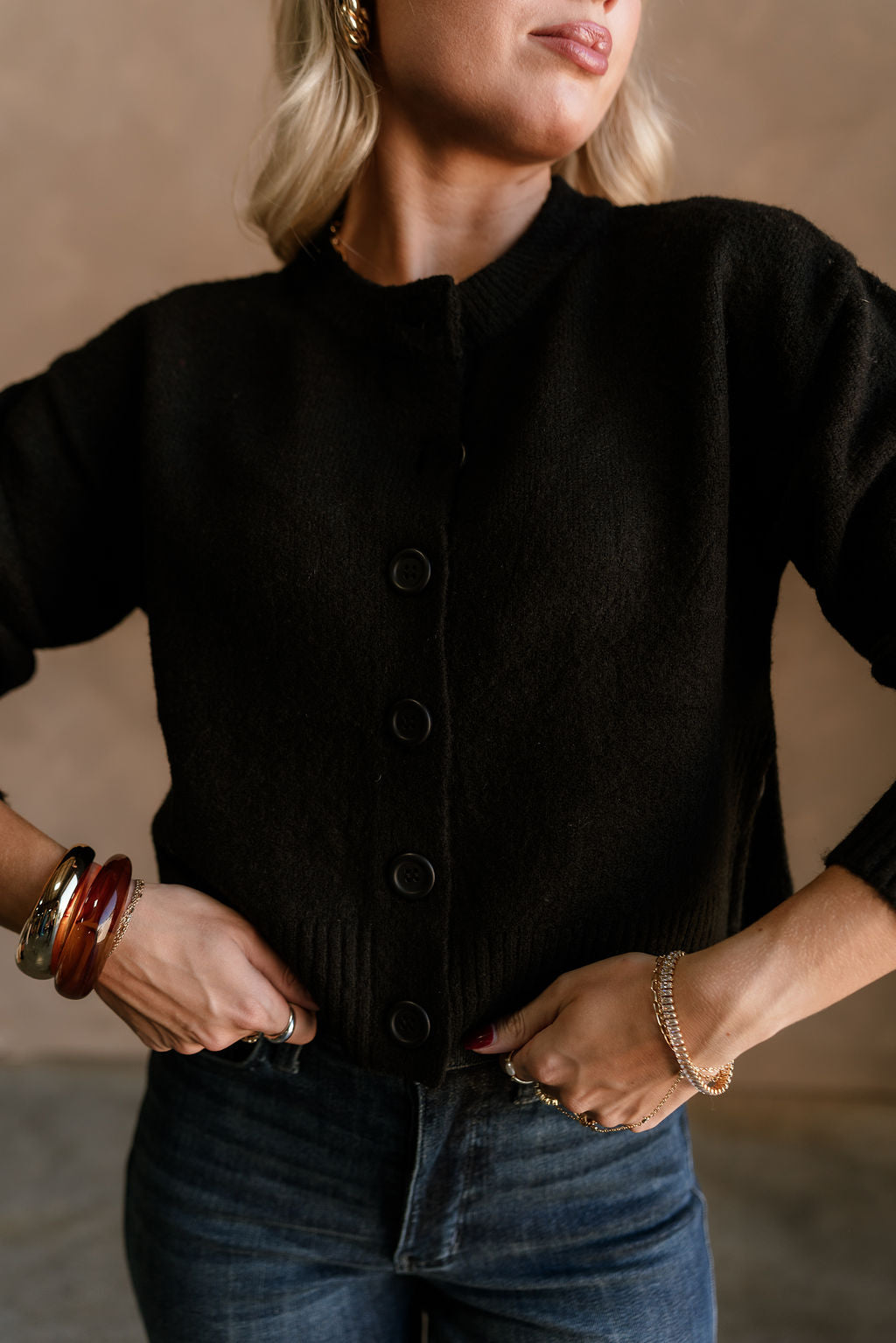 Bridgette Black Side Slit Cardigan - close up front view