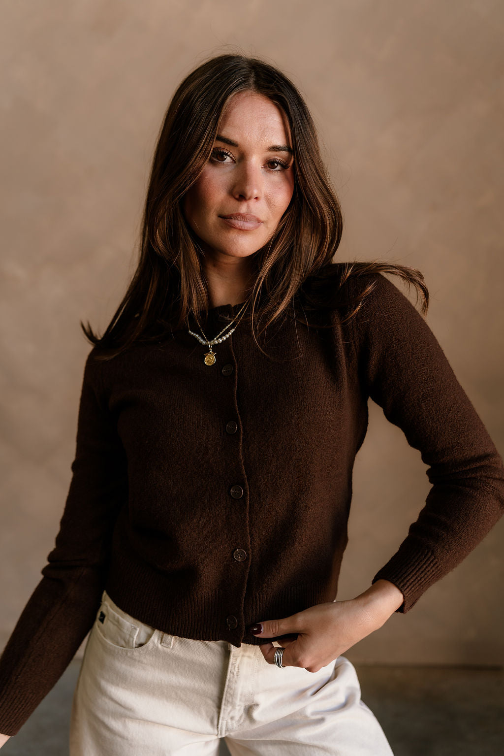 Sami Dark Brown Button Up Cardigan - front 