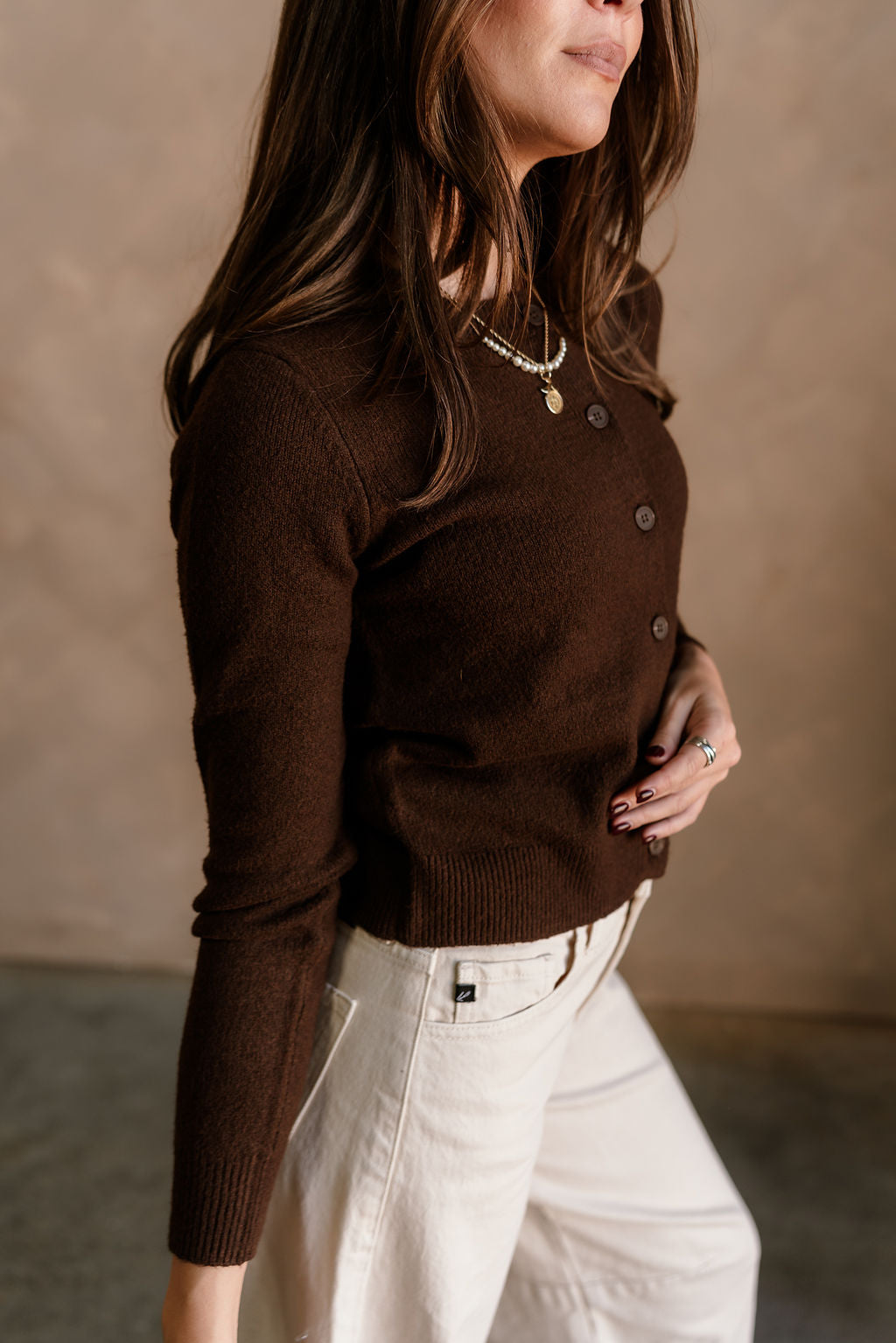 Sami Dark Brown Button Up Cardigan - frontal side view