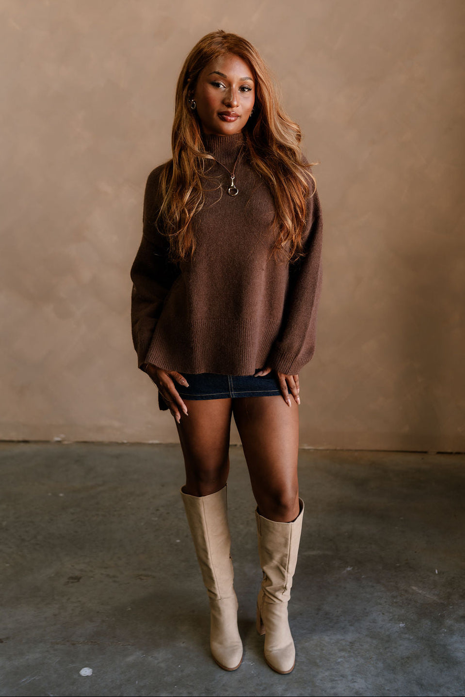 Elody Dark Brown Mock Neck Sweater - full body front view