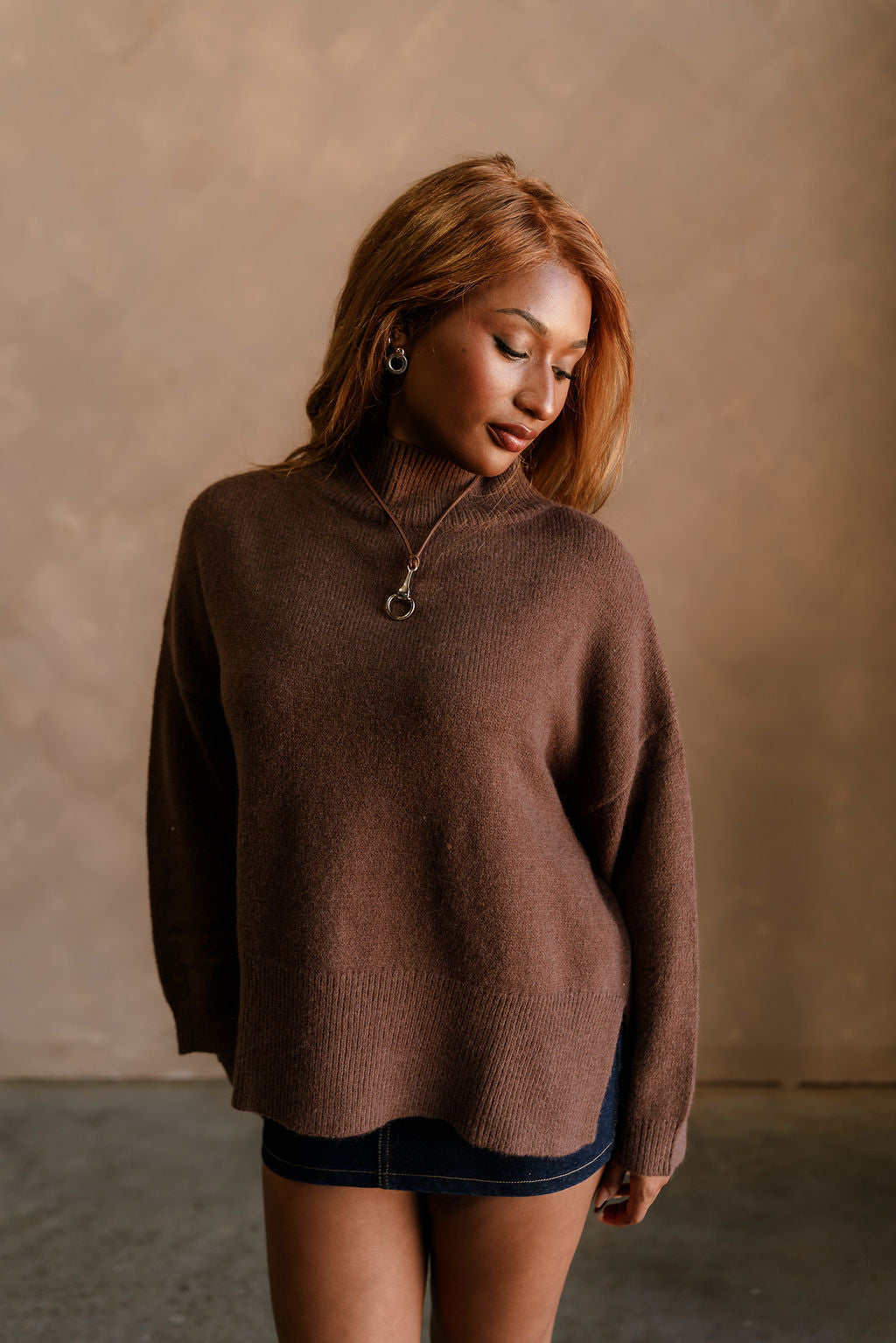 Elody Dark Brown Mock Neck Sweater - front