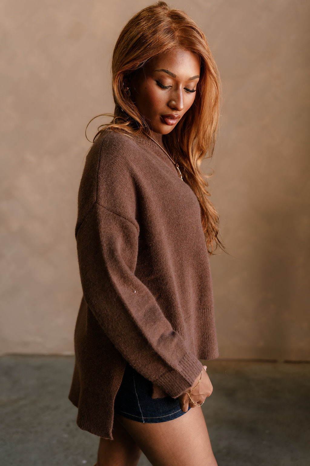 Elody Dark Brown Mock Neck Sweater - side view