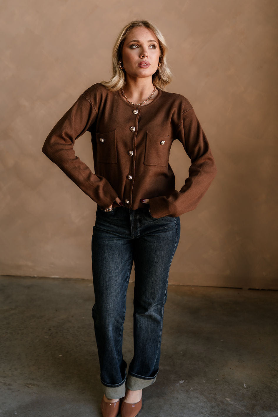 Delaney Brown & Gold Button-Up Pocket Cardigan - full body front view