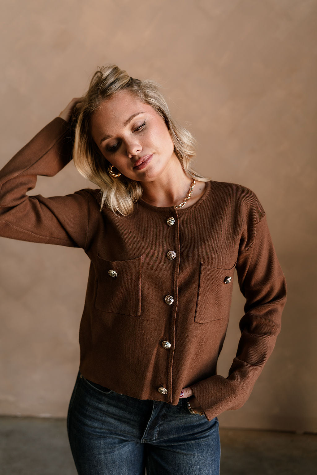 Delaney Brown & Gold Button-Up Pocket Cardigan - front