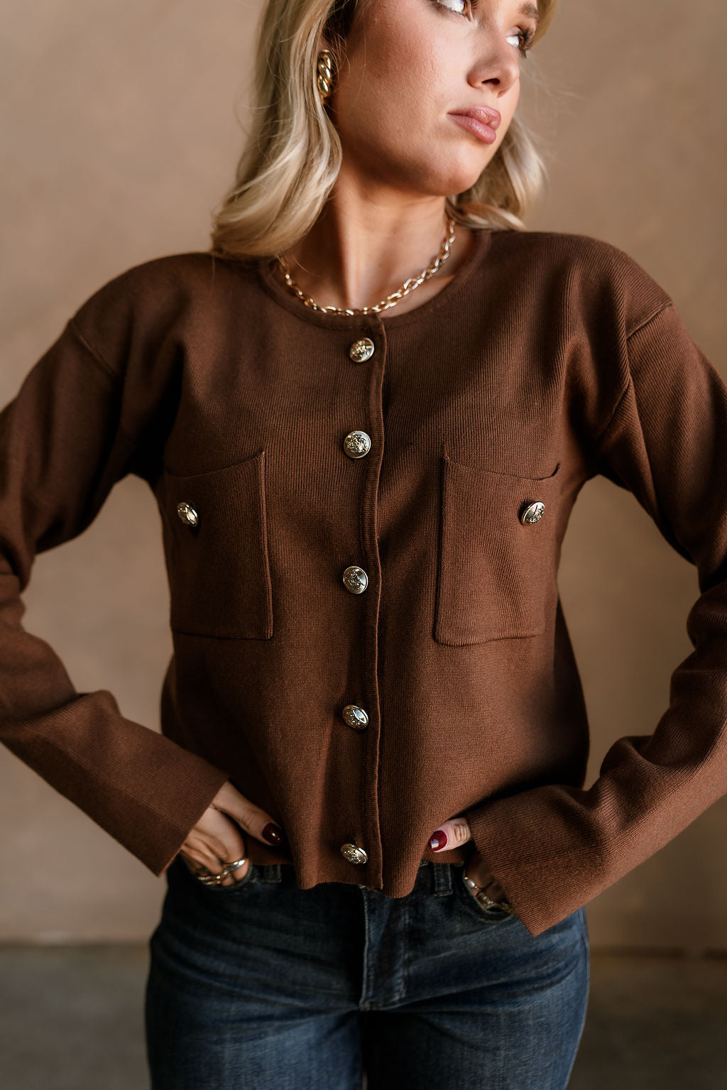 Delaney Brown & Gold Button-Up Pocket Cardigan - close up front