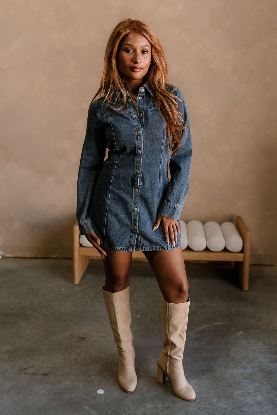 Nikki Denim Button-Up Long Sleeve Dress - full body front view