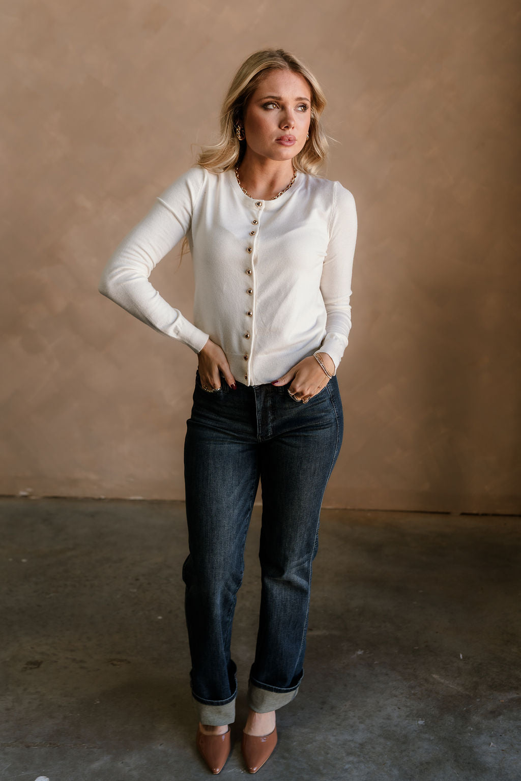 Kiara Ivory Gold Button Cardigan - full body front view