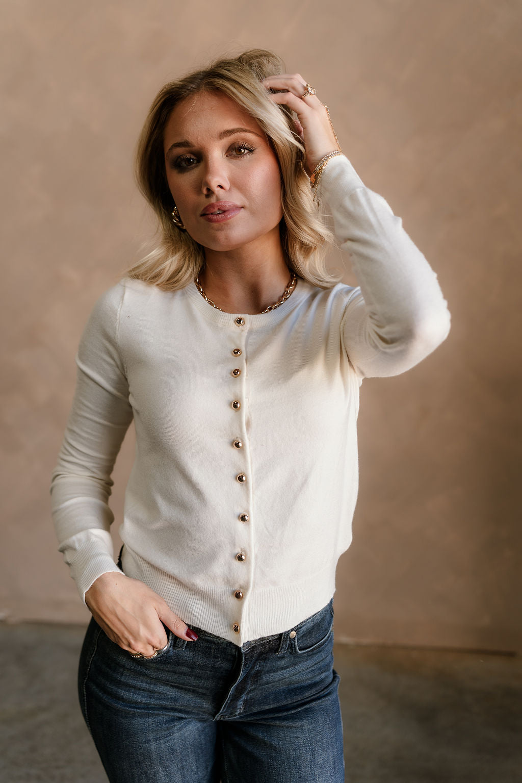 Kiara Ivory Gold Button Cardigan - front