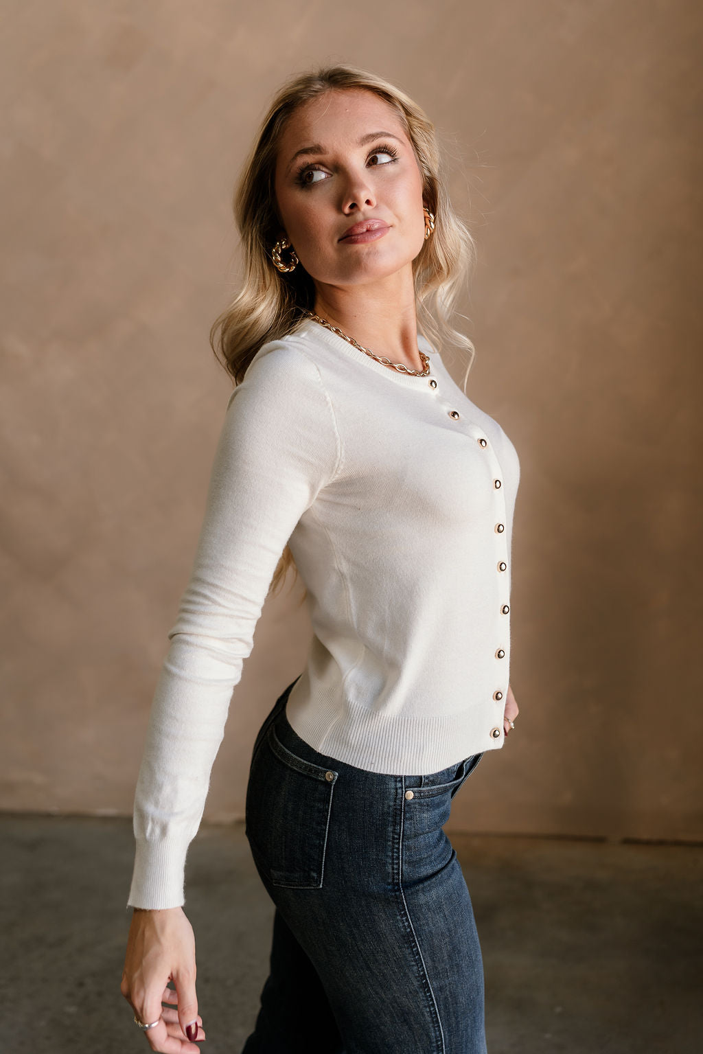 Kiara Ivory Gold Button Cardigan - side view