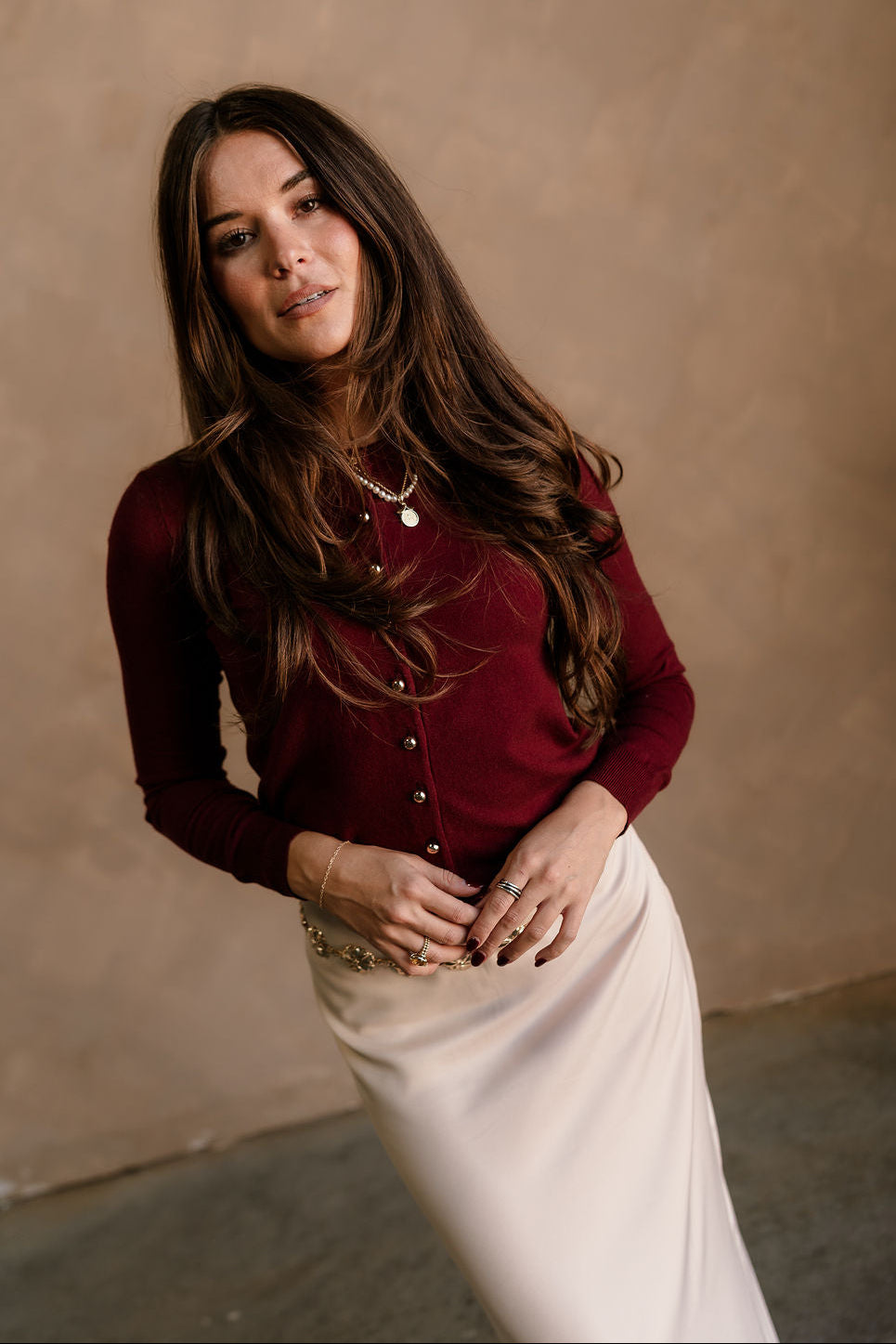 Kiara Burgundy Button-Up Knit Cardigan- front view