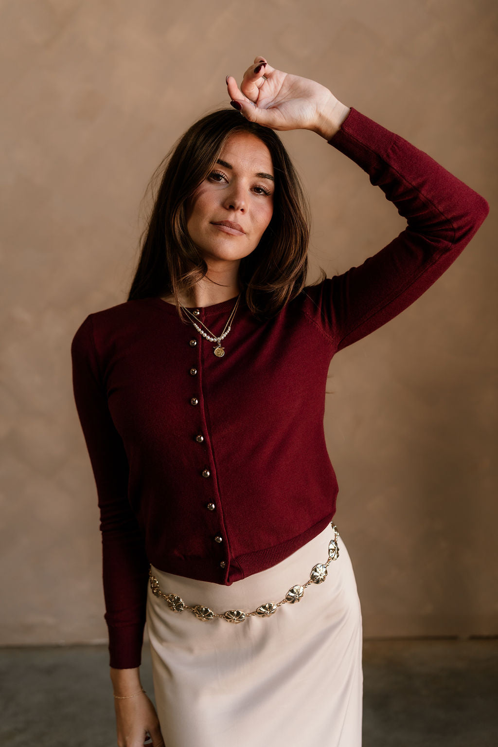 Kiara Burgundy Button-Up Knit Cardigan- frontal view