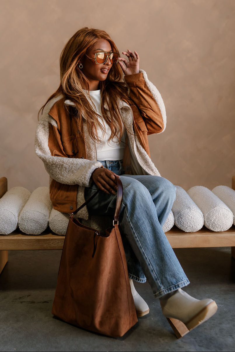 Ashland Camel Suede & Sherpa Jacket - full body sitting view