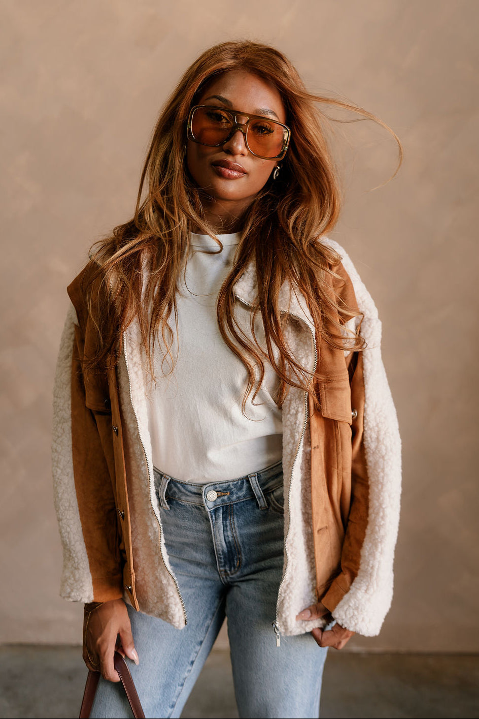 Ashland Camel Suede & Sherpa Jacket - front view