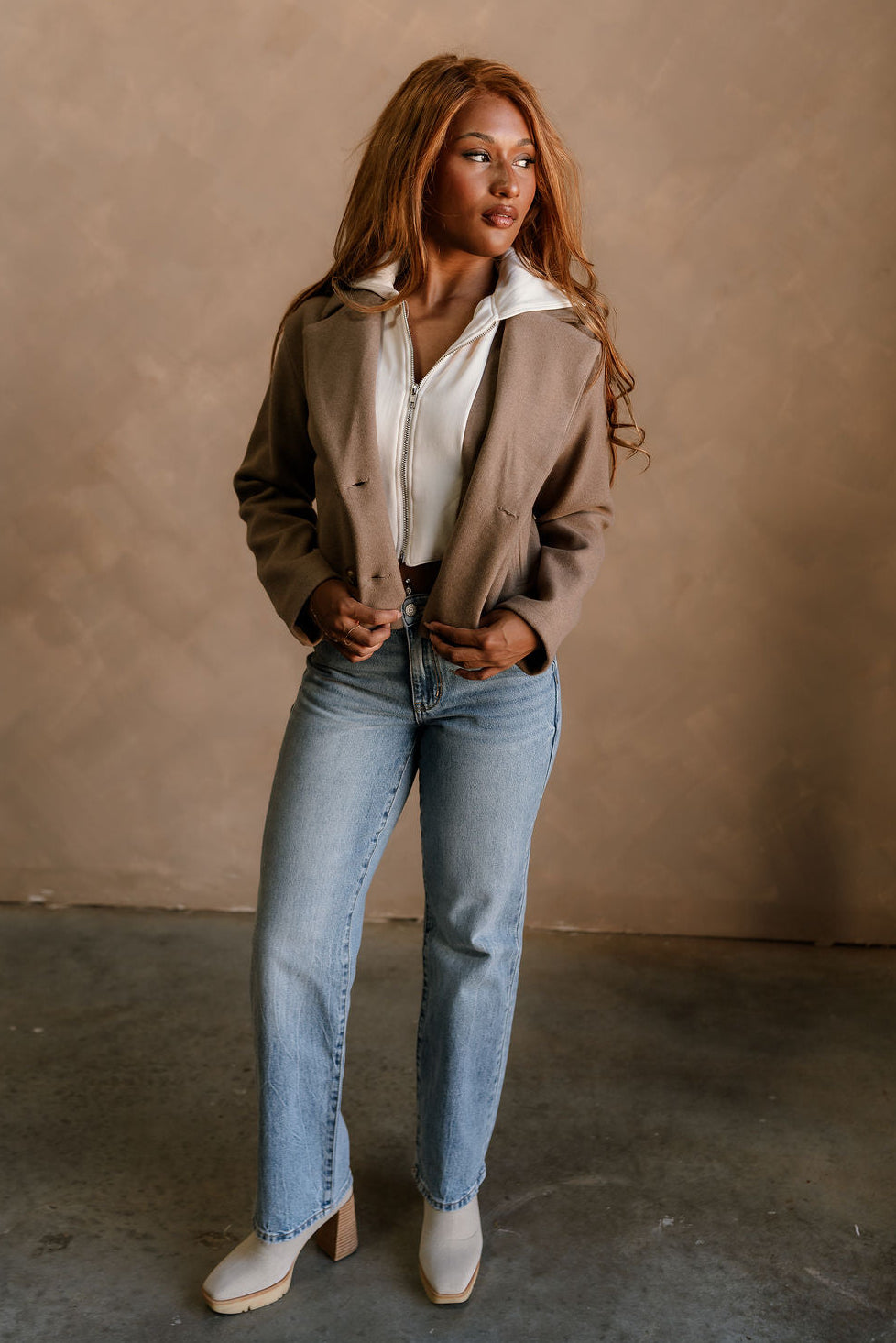 Harper Light Brown & Cream Hoodie Jacket- full body view