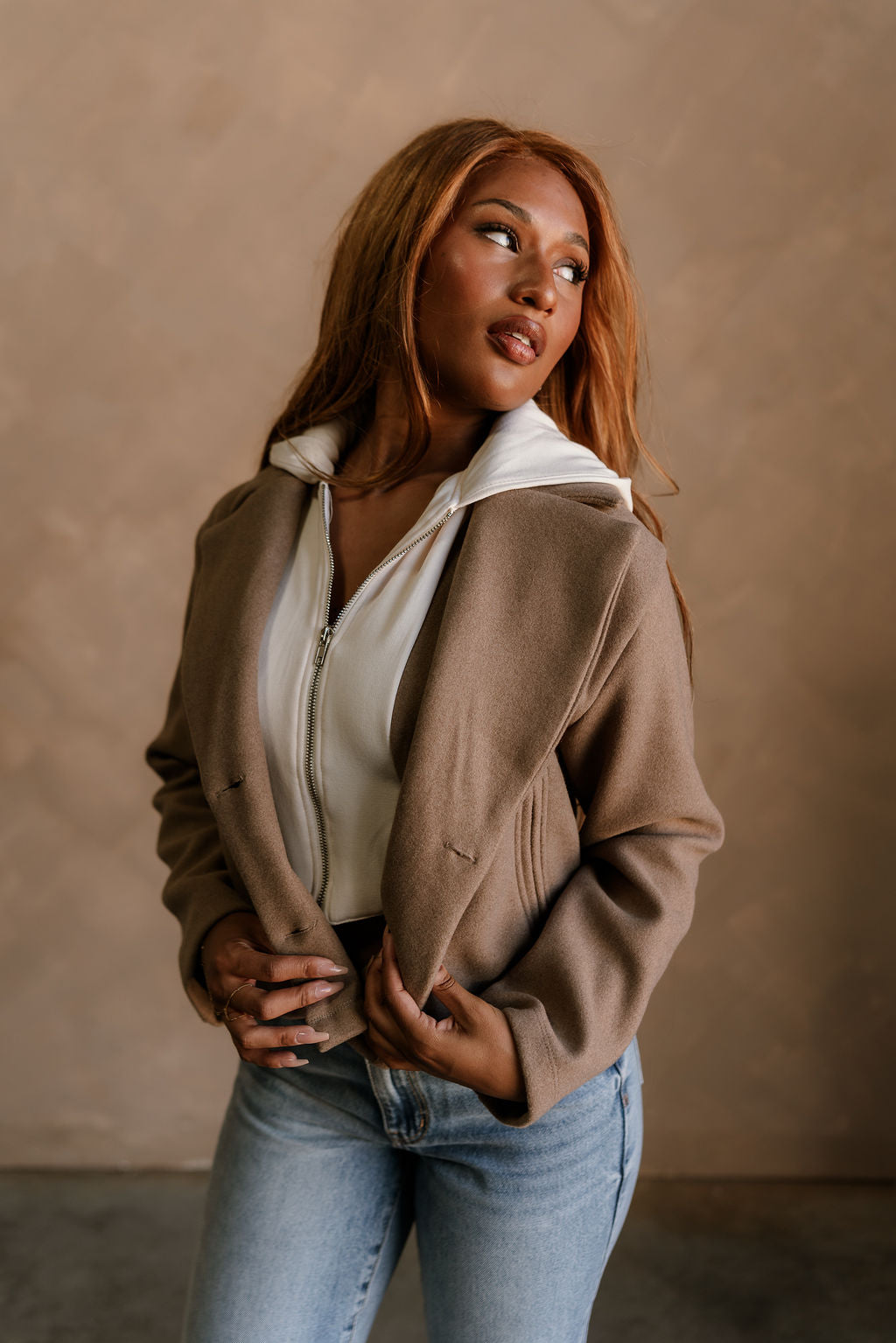 Harper Light Brown & Cream Hoodie Jacket front top view