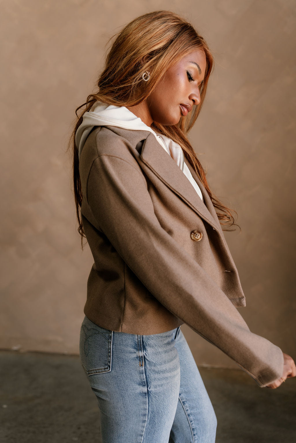 Harper Light Brown & Cream Hoodie Jacket- top side view