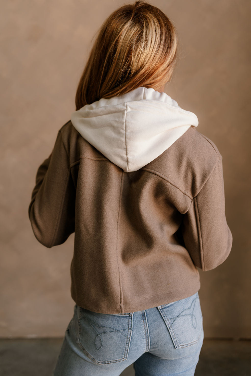 Harper Light Brown & Cream Hoodie Jacket- top back view